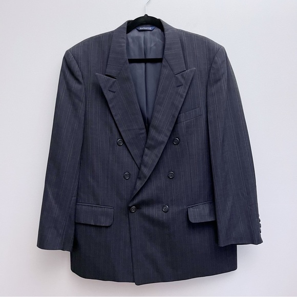 Burberry Vintage Wool Grey Pinstripe Double Breasted Suit Coat Jacket 44R - Picture 1 of 13